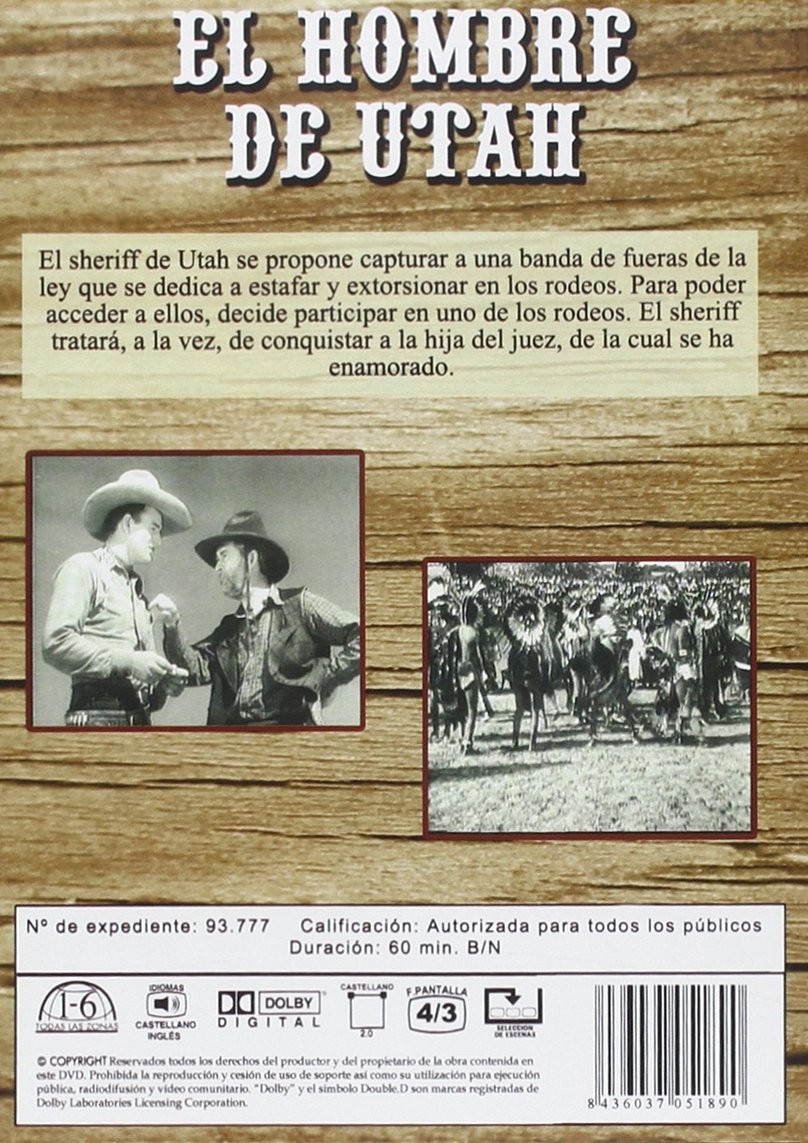 Contraportada del DVD de El Hombre de Utah con fondo de madera, sinopsis, dos fotos, iconos y código de barras.
