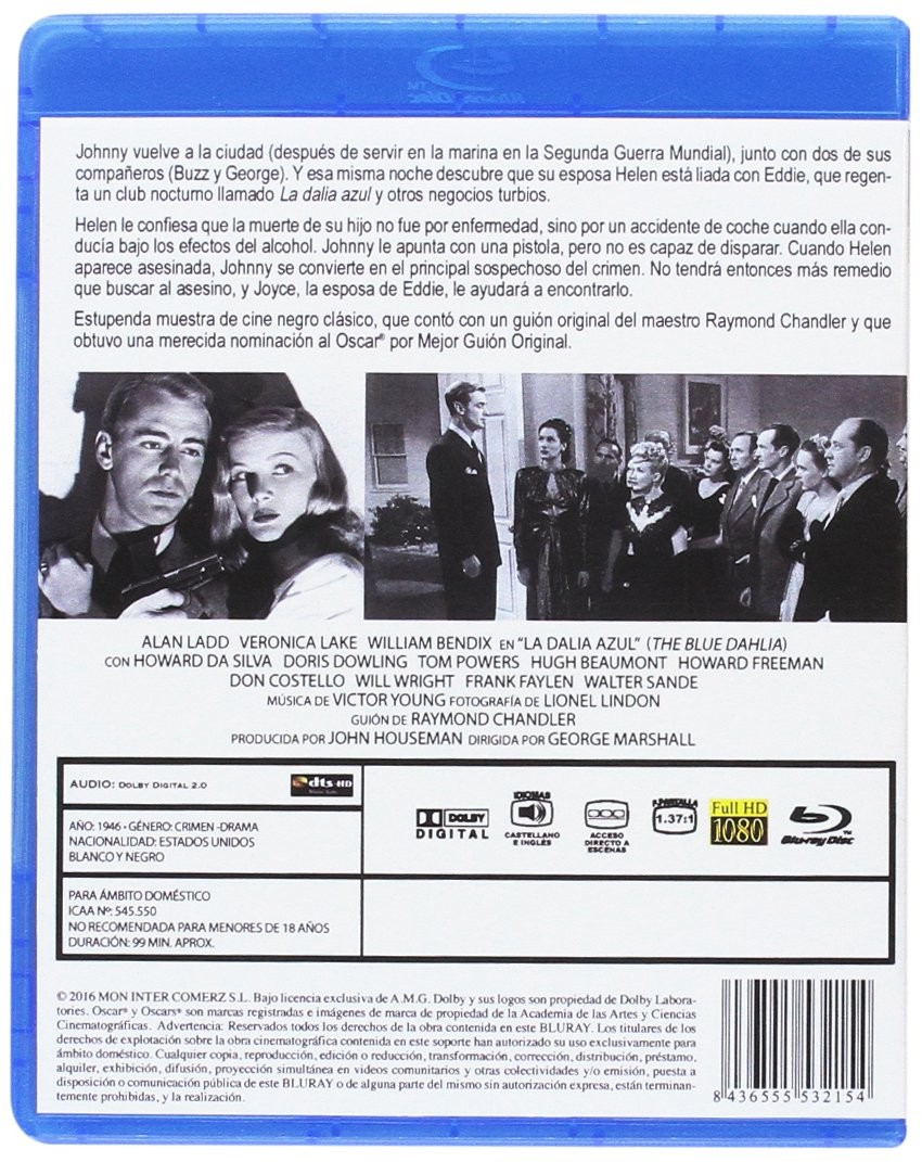 Contraportada del Blu-ray de La dalia azul, con fotogramas, resumen y créditos.