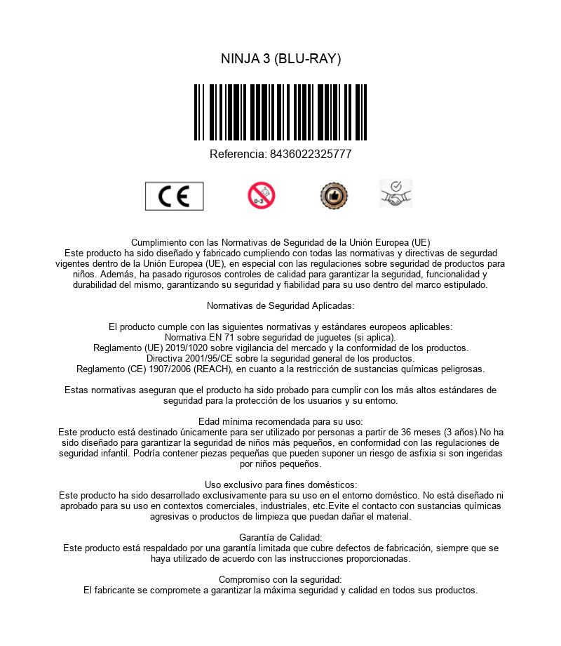 Información del producto Ninja 3 Blu-Ray con código de barras, marca CE y normativas de seguridad.