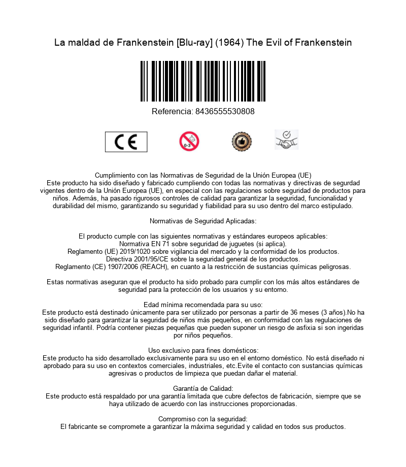 Informacion de producto con codigo de barras, marca CE y texto sobre normativas de seguridad.
