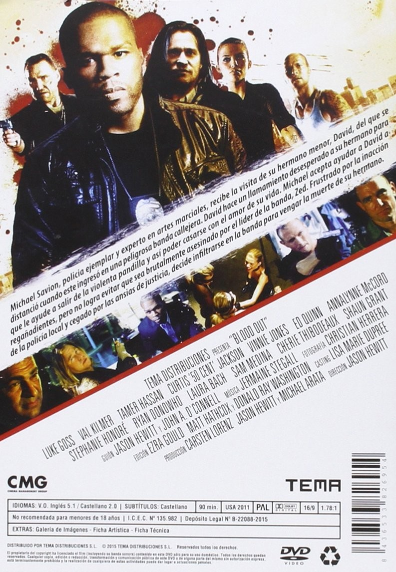 Caratula del DVD de accion Blood Out con Curtis 50 Cent Jackson y un elenco sobre texto blanco.