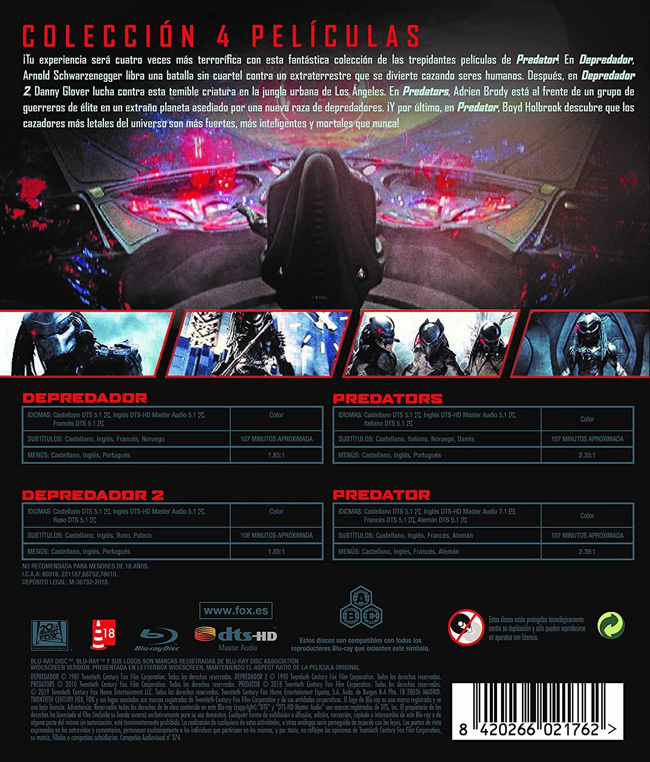 Contraportada de un estuche Blu-ray de 4 películas de Predator con imágenes y detalles técnicos.
