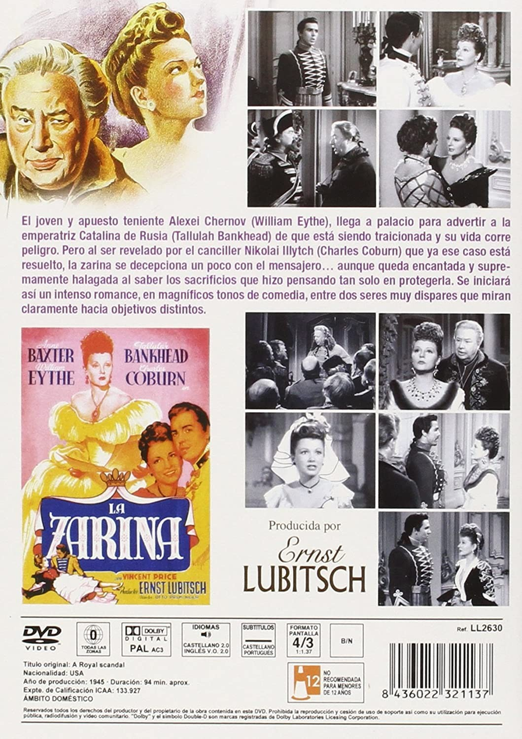 Carátula del DVD A Royal Scandal con fotogramas, texto y logotipos sobre fondo blanco.
