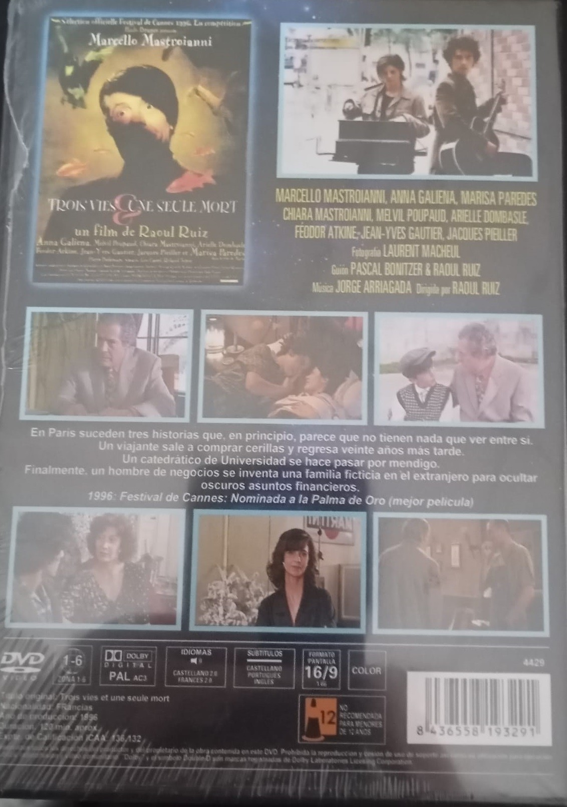 Contraportada de DVD con carteles, fotogramas, créditos y sinopsis de la película 'Tres vidas y una sola muerte'.
