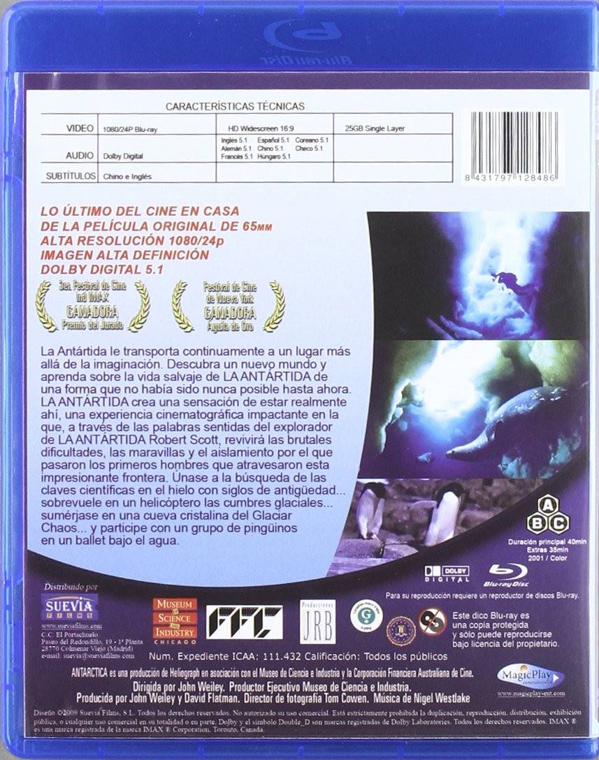 Parte trasera de una caja azul de Blu-ray con texto, detalles técnicos y escenas.