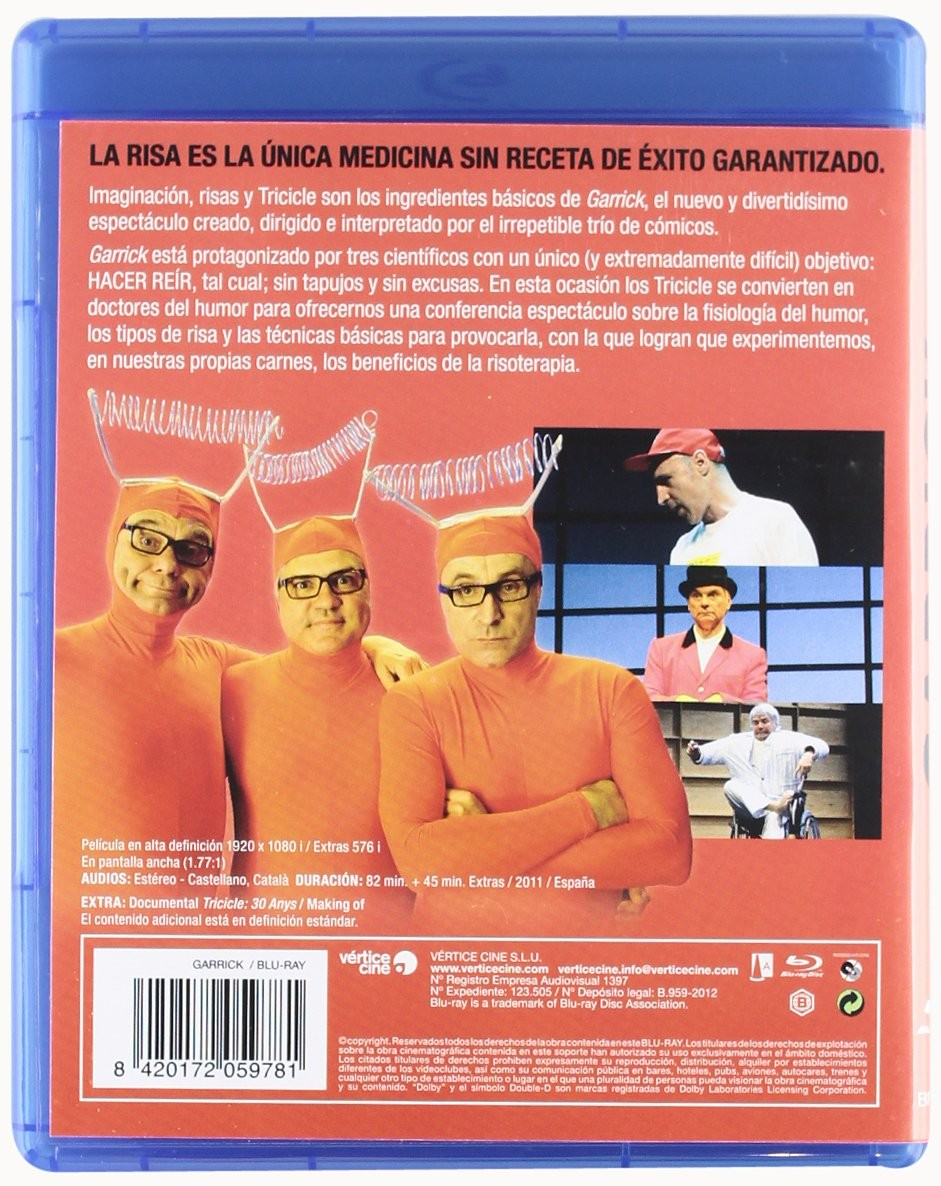 Contraportada de una caja de Blu-Ray azul con tres hombres con trajes naranjas y fotos.