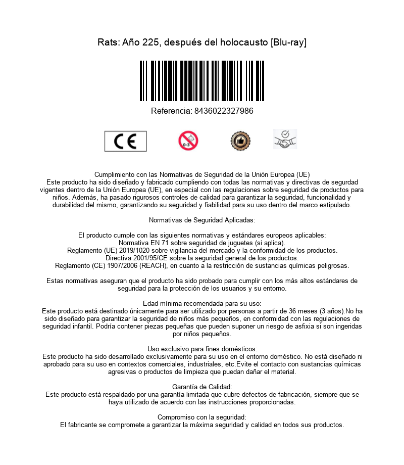 Información del producto y normas de seguridad con código de barras y marcado CE para el Blu-ray.