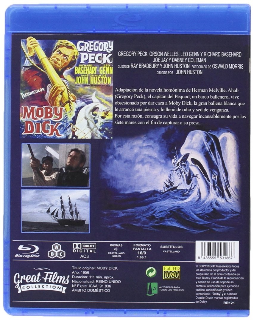Contraportada de un estuche Blu-ray de Moby Dick con escenas de la película, texto y detalles técnicos.