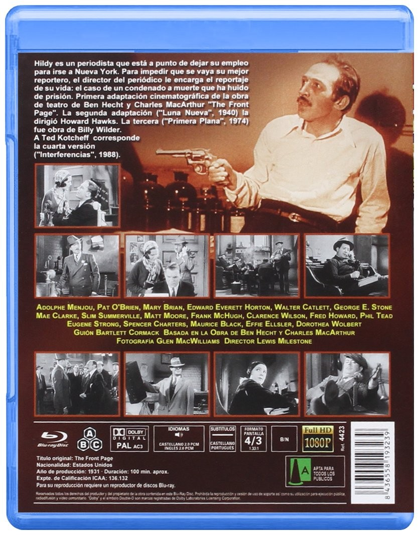 Contraportada del Blu-ray The Front Page con fotogramas, reparto, sinopsis y detalles técnicos.