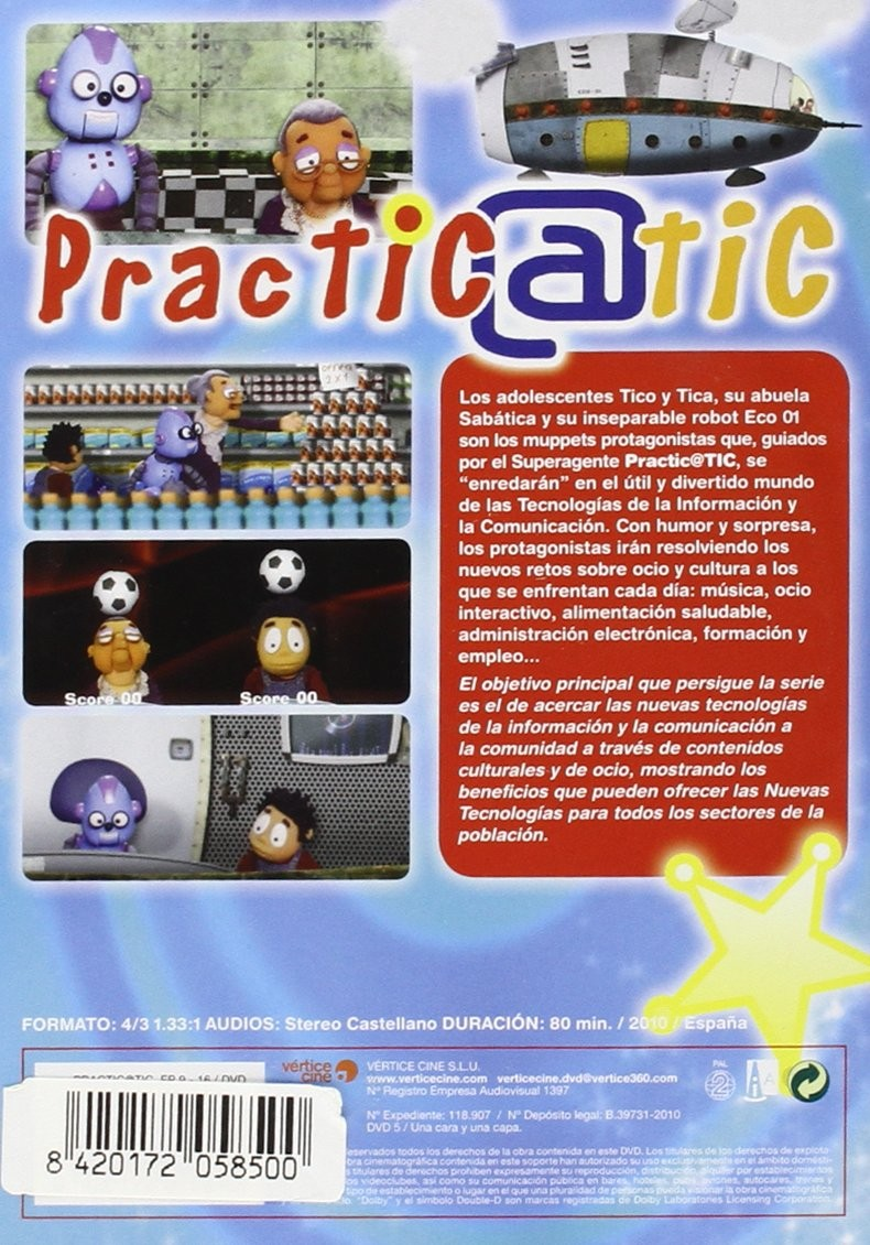 Carátula del DVD de Practicatic con personajes de títeres, una nave espacial, texto en español y código de barras.