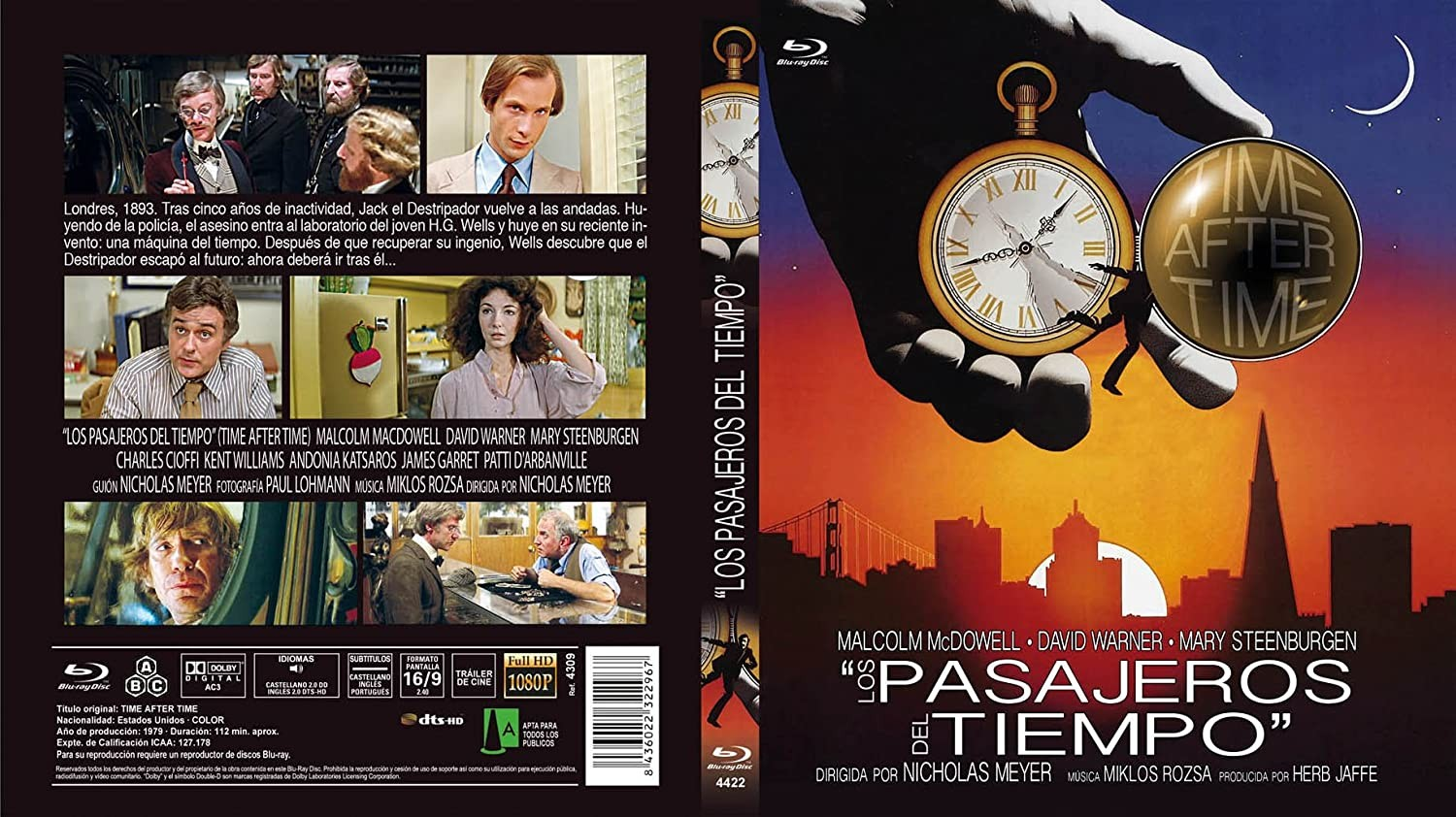Caratula de Blu-ray de Time After Time con reloj de bolsillo dorado, silueta de ciudad y actores.