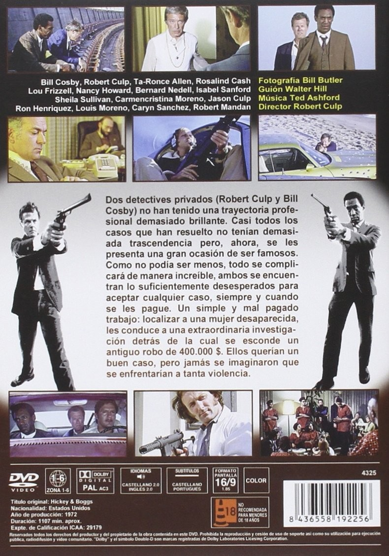 Contraportada de DVD con fotogramas de la película Hickey & Boggs protagonizada por Bill Cosby y Robert Culp.