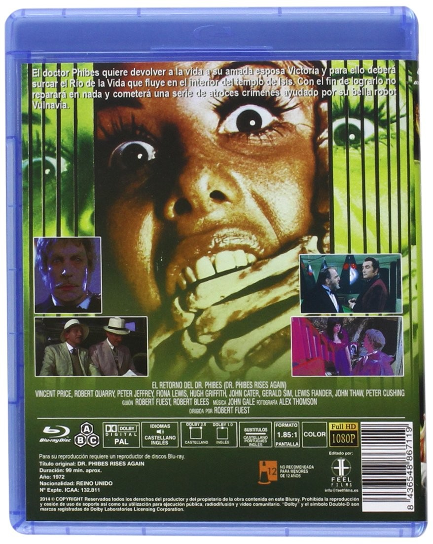 Contraportada de un Blu-ray de Dr. Phibes Rises Again con fotogramas de la película y texto.