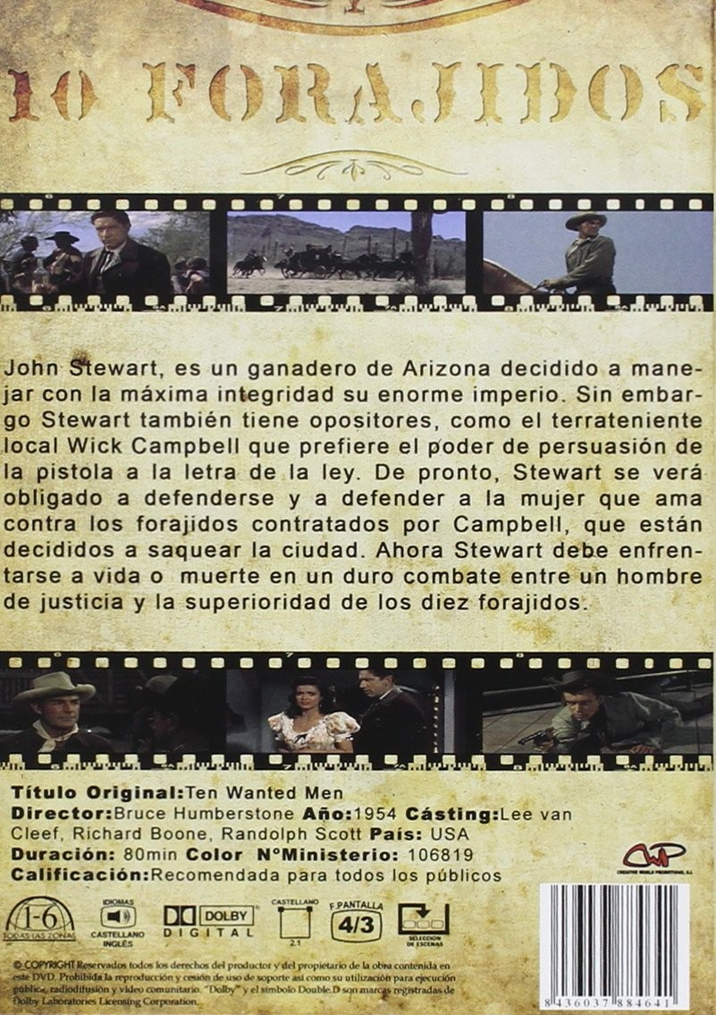 Contraportada del DVD de 10 forajidos con escenas de la película, sinopsis y código de barras.