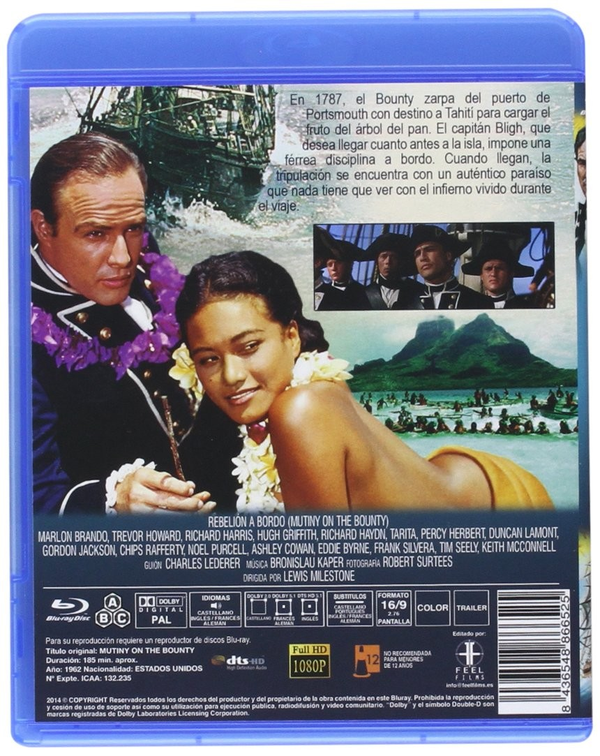 Contraportada del Blu-ray de Rebelión a bordo, con Marlon Brando, texto e imágenes de escenas.