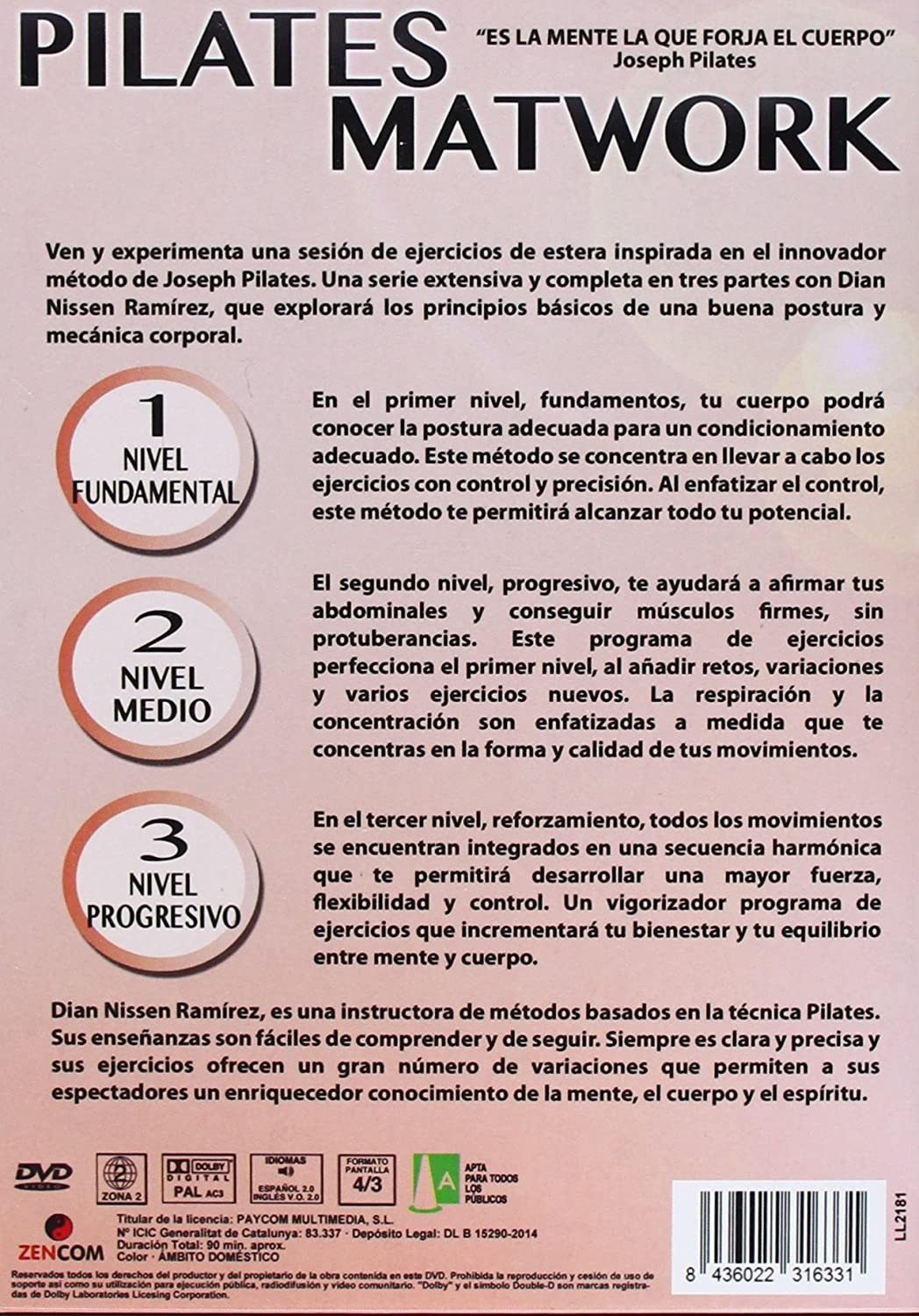 Carátula de DVD para Pilates Matwork con Dian Nissen Ramírez, detalla tres niveles.