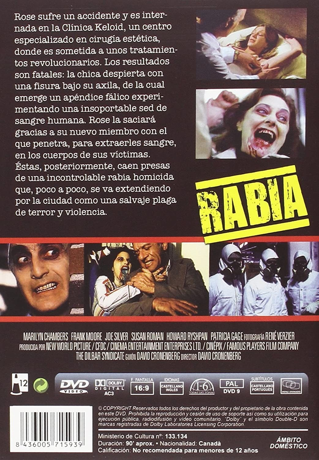 Contraportada del DVD de la película de terror Rabia con fotogramas y texto.