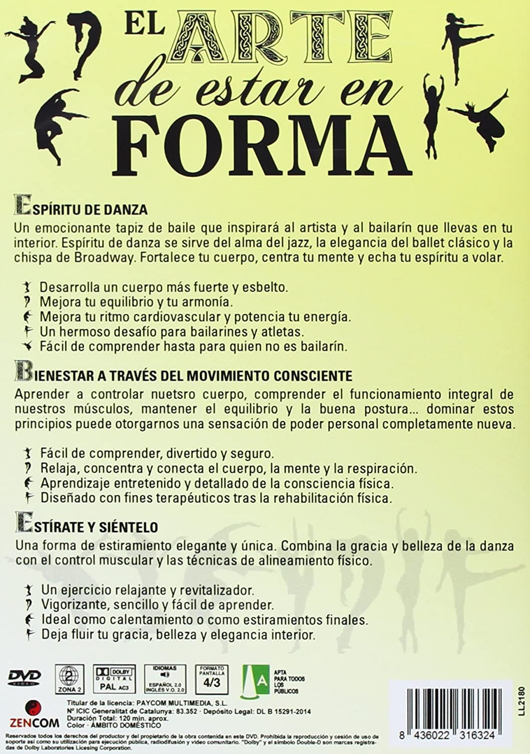 Contraportada de DVD con texto en español que promueve el fitness a través del baile y siluetas.