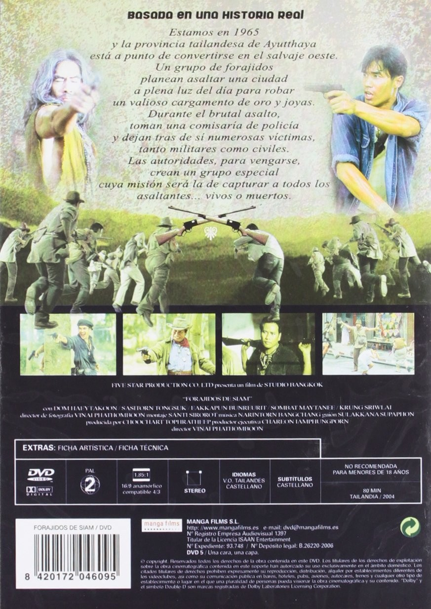 Contraportada de DVD de Forajidos de Siam con hombres armados, texto descriptivo y símbolos.
