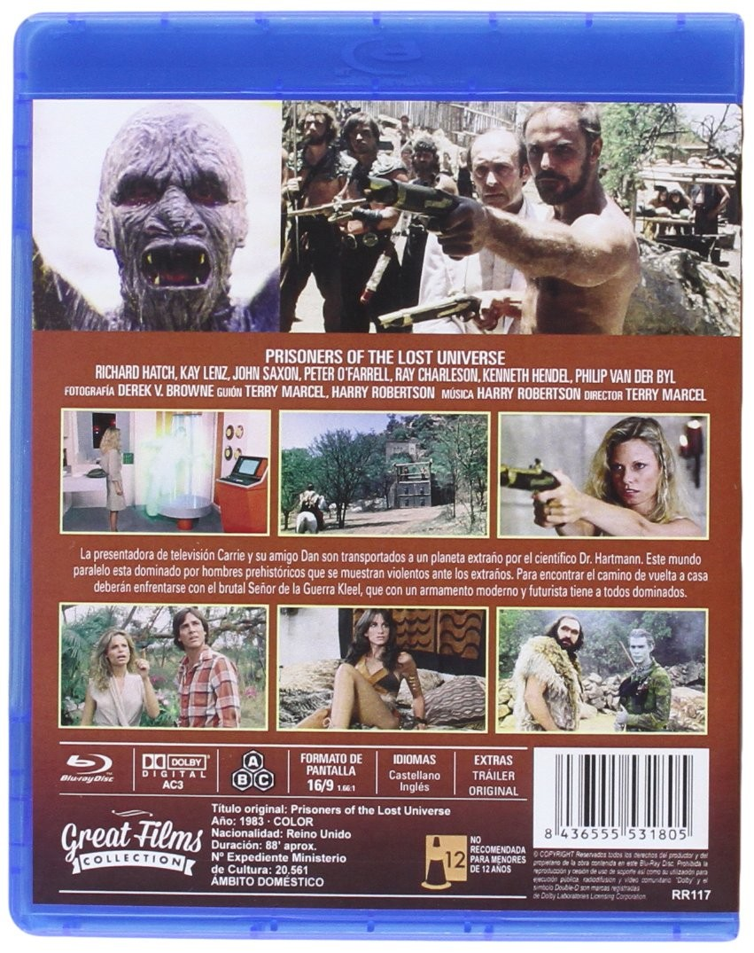 Contraportada del Blu-ray Prisoners of the Lost Universe con fotogramas, sinopsis y reparto.