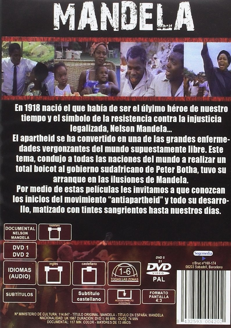 Carátula de DVD de Mandela con fotogramas, texto descriptivo en español y detalles técnicos.