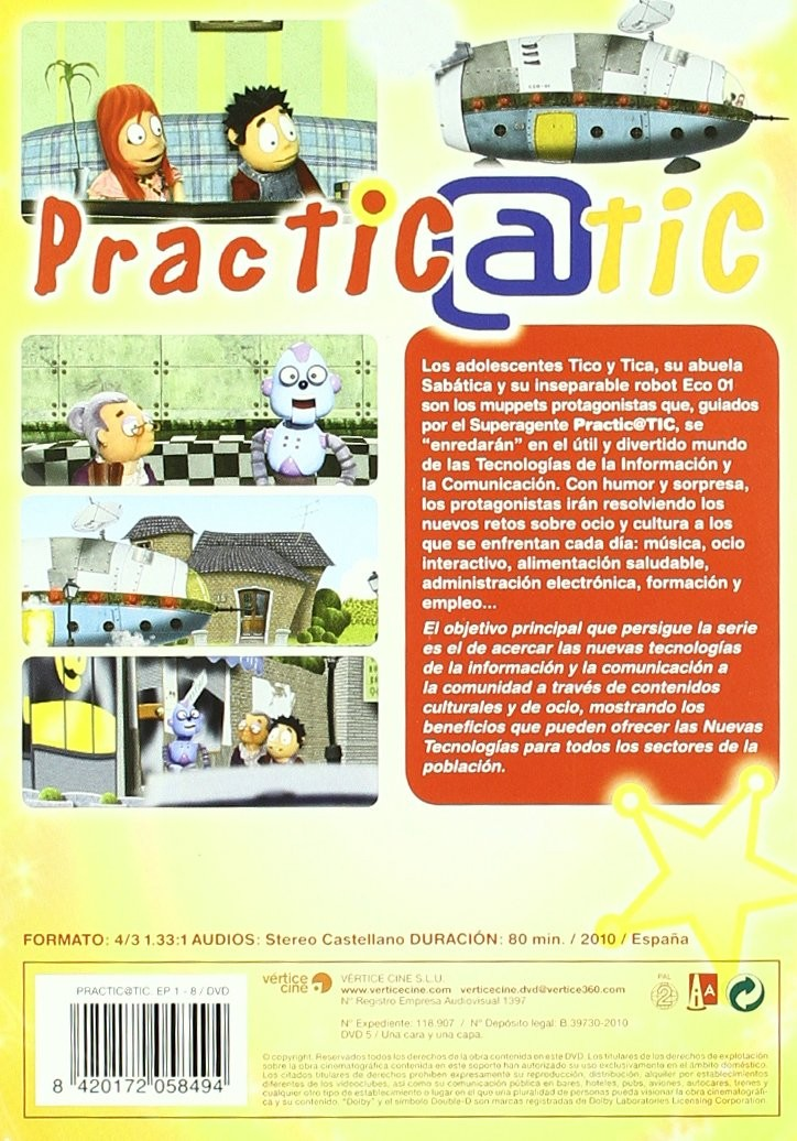 Carátula del DVD de la serie animada "Practic@tic" con personajes, un platillo volante y texto descriptivo.