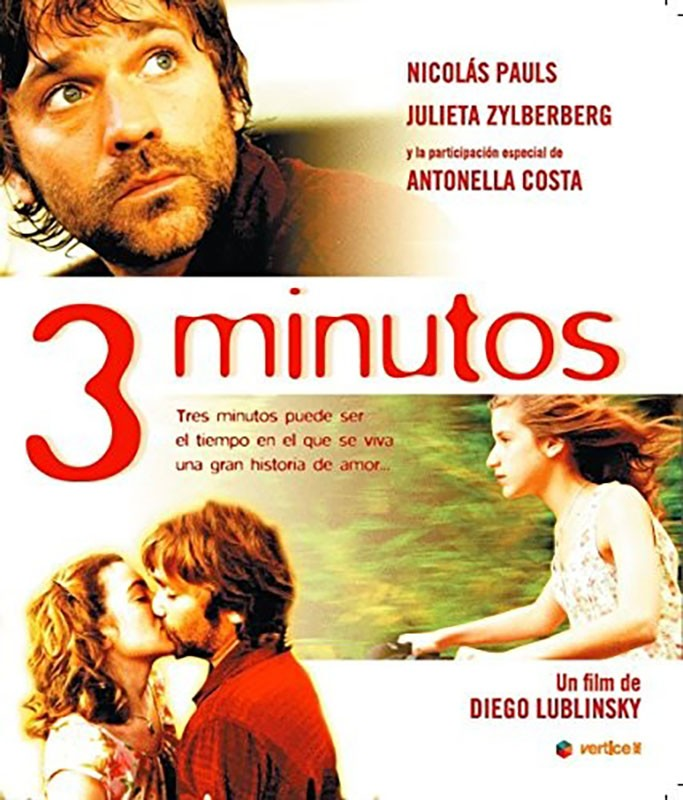 Cartel de la película 3 Minutos con tres imágenes de actores y texto en español sobre fondo blanco.