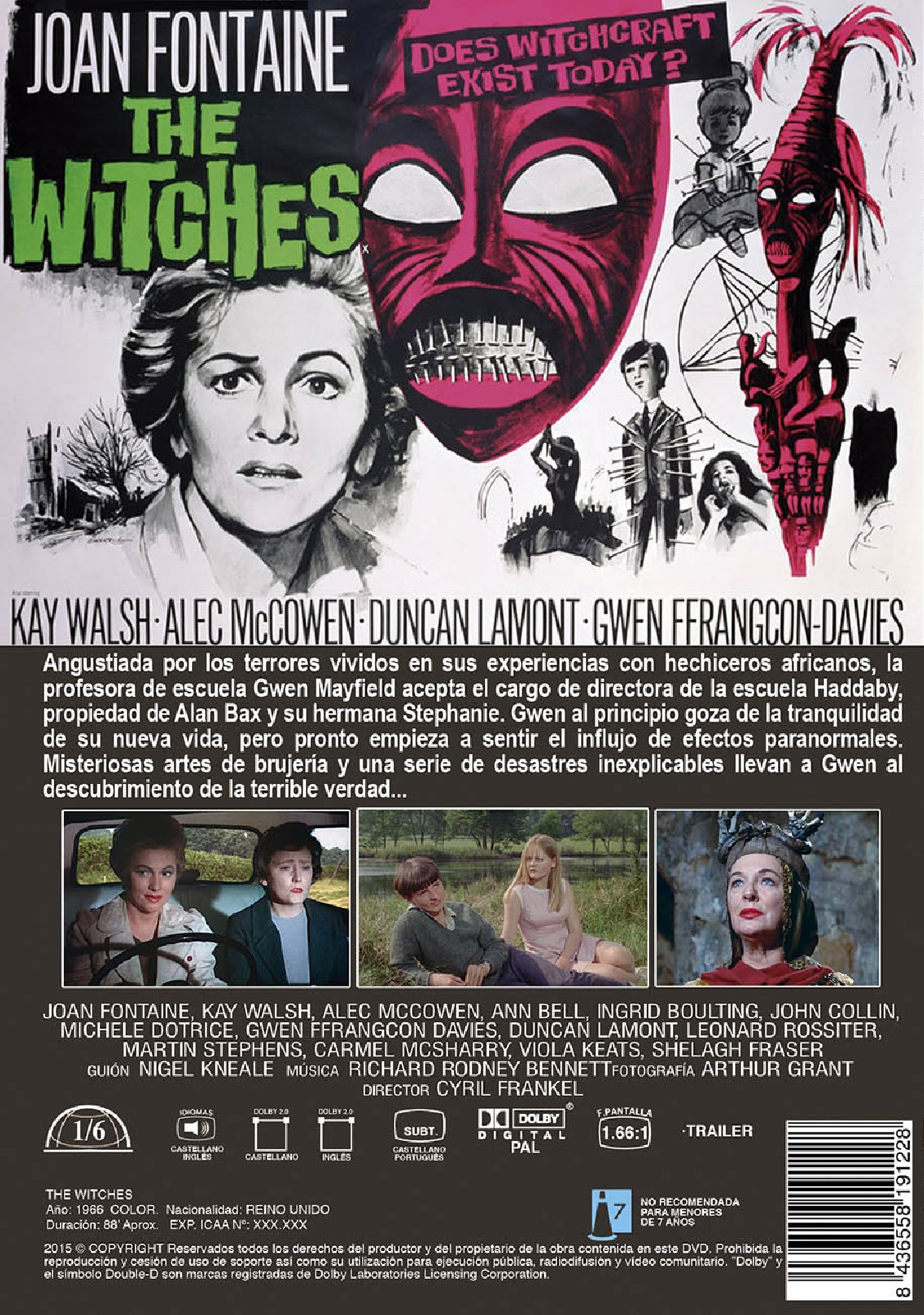 Póster de la película The Witches con Joan Fontaine, máscaras espeluznantes, fotogramas y texto.