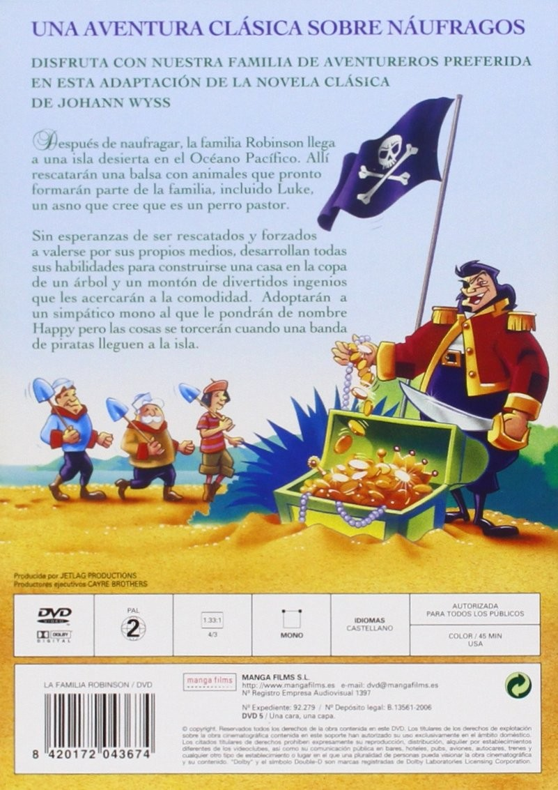 Carátula de DVD con piratas animados y un cofre del tesoro, texto en español e información técnica.