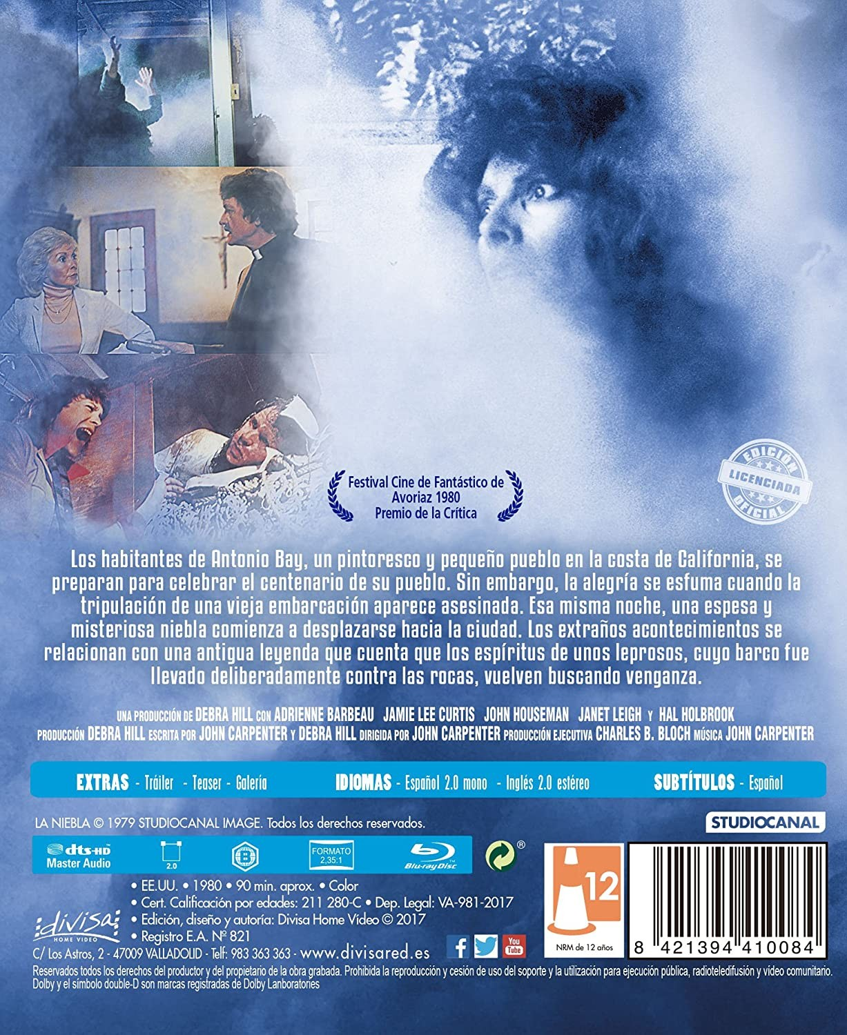 Contraportada del Blu-ray de Terror en la niebla con escenas de la película, sinopsis en español y fondo azul.