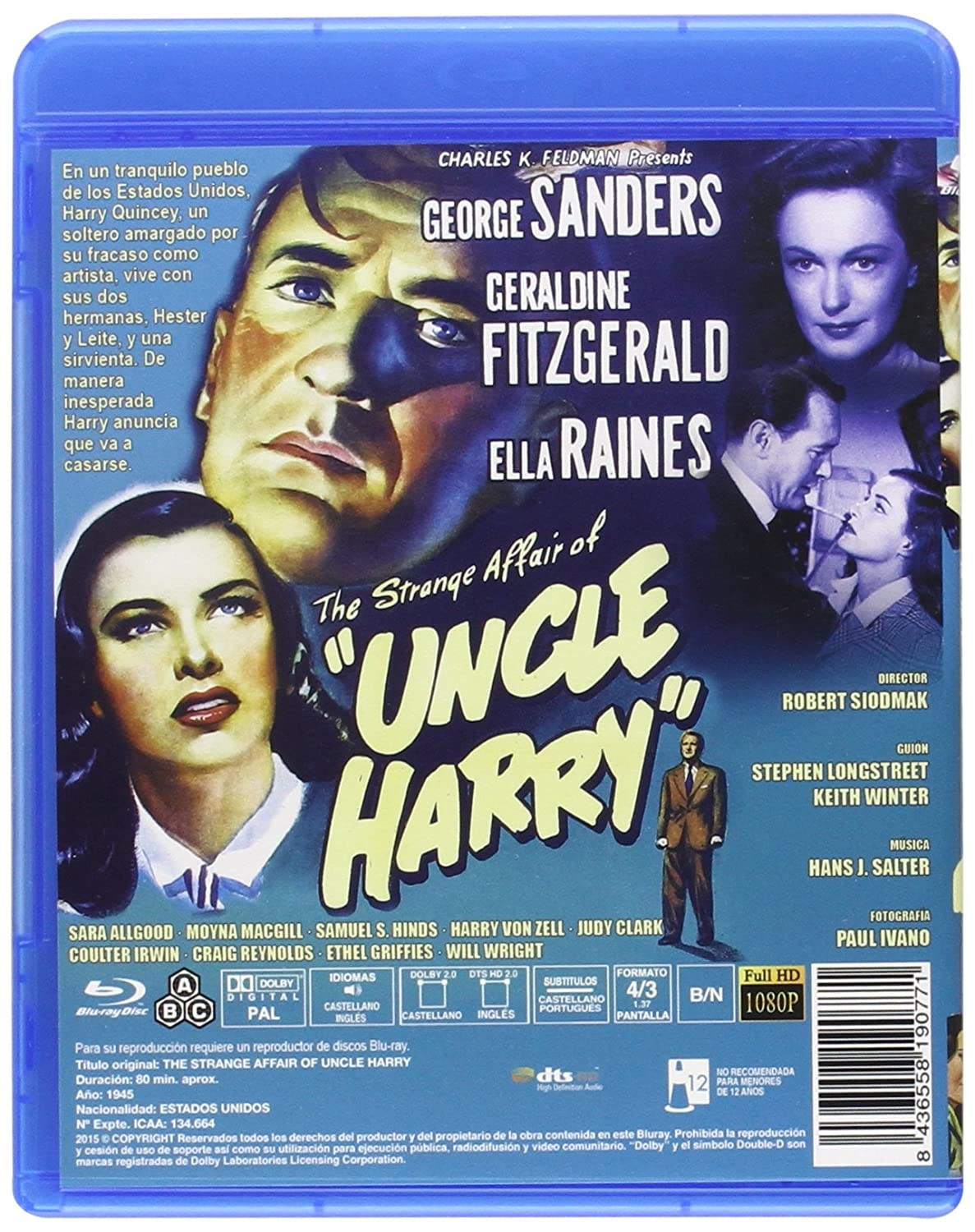 La funda azul del Blu-ray muestra el cartel de la película 'The Strange Affair of Uncle Harry' con los actores principales.