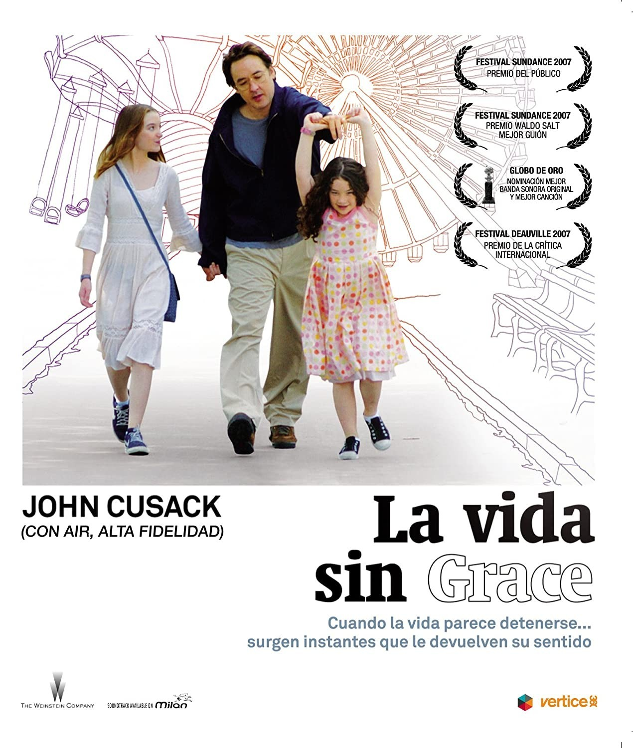 Un padre camina con sus dos hijas, con el boceto de una feria al fondo.