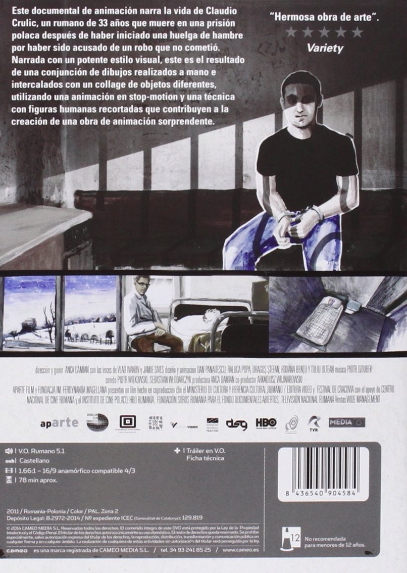 Contraportada de DVD de una película animada sobre Claudio Crulic con escenas dibujadas a mano y texto.