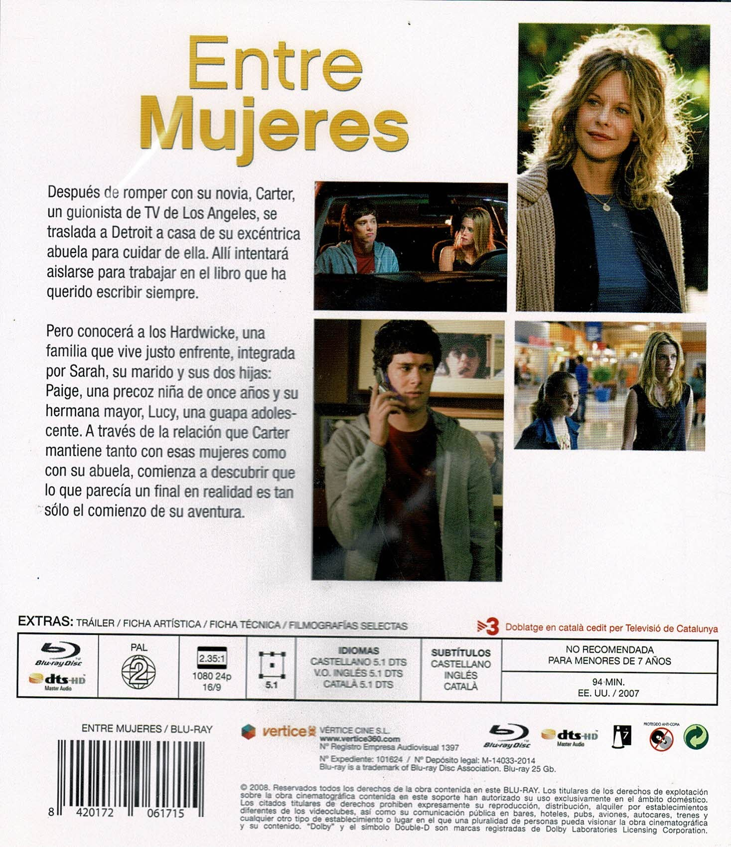 Contraportada de la caja de Blu-ray de Entre Mujeres con texto, imágenes y detalles técnicos.