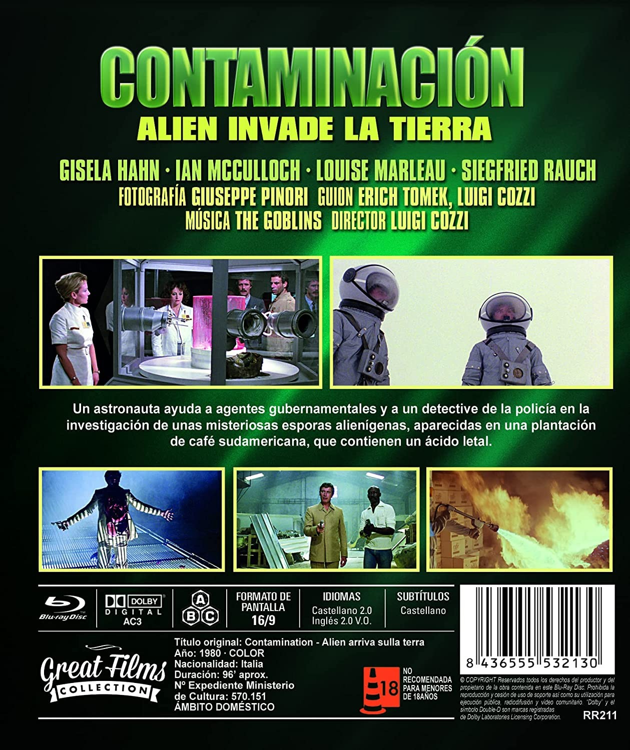 Contraportada de la caja de Blu-ray de la película Contaminación, con imágenes, sinopsis y detalles técnicos.