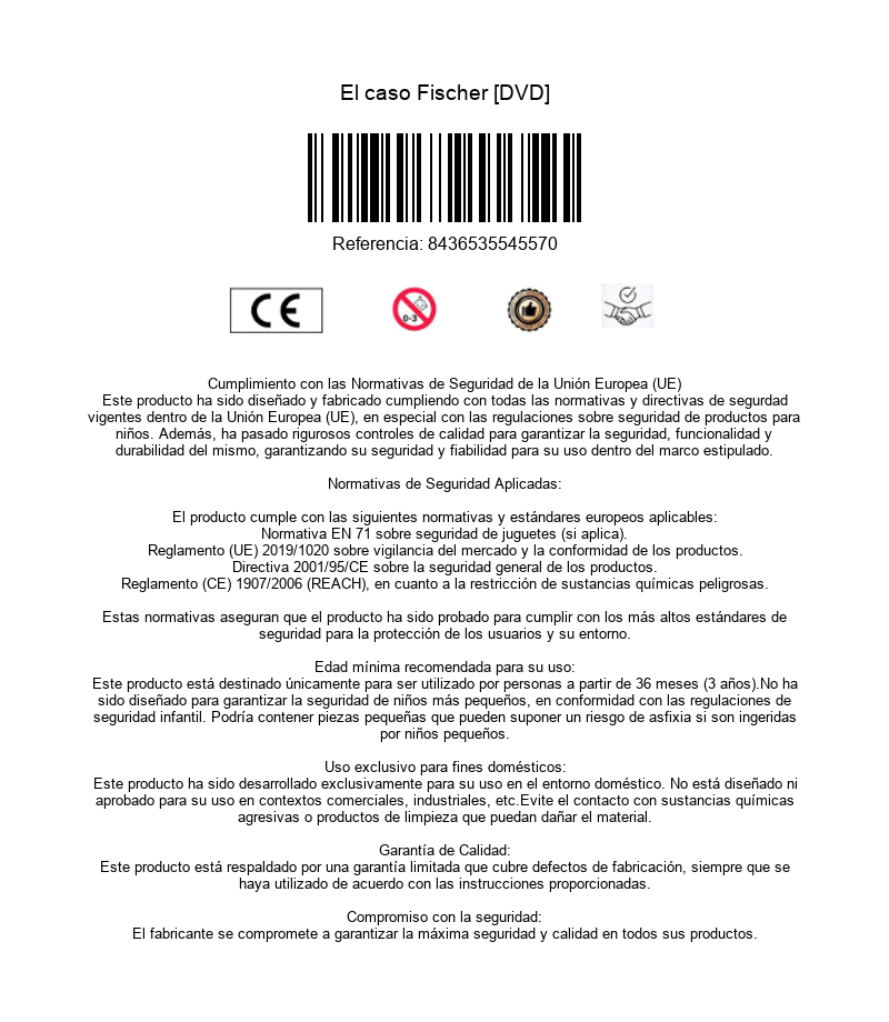 Contraportada de DVD con código de barras, marcado CE, símbolos de seguridad y texto en español.