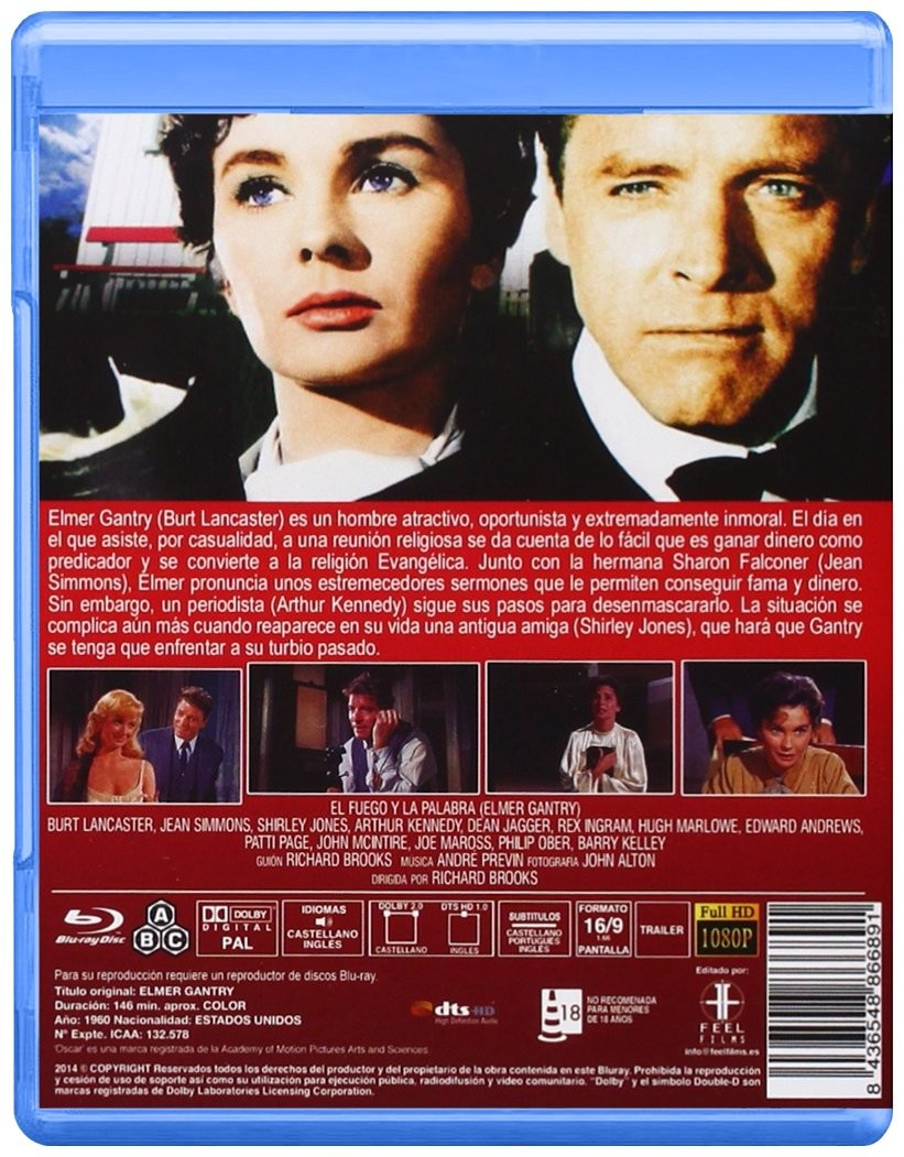 Contraportada del Blu-ray de Elmer Gantry con fotogramas, reparto y texto en español.