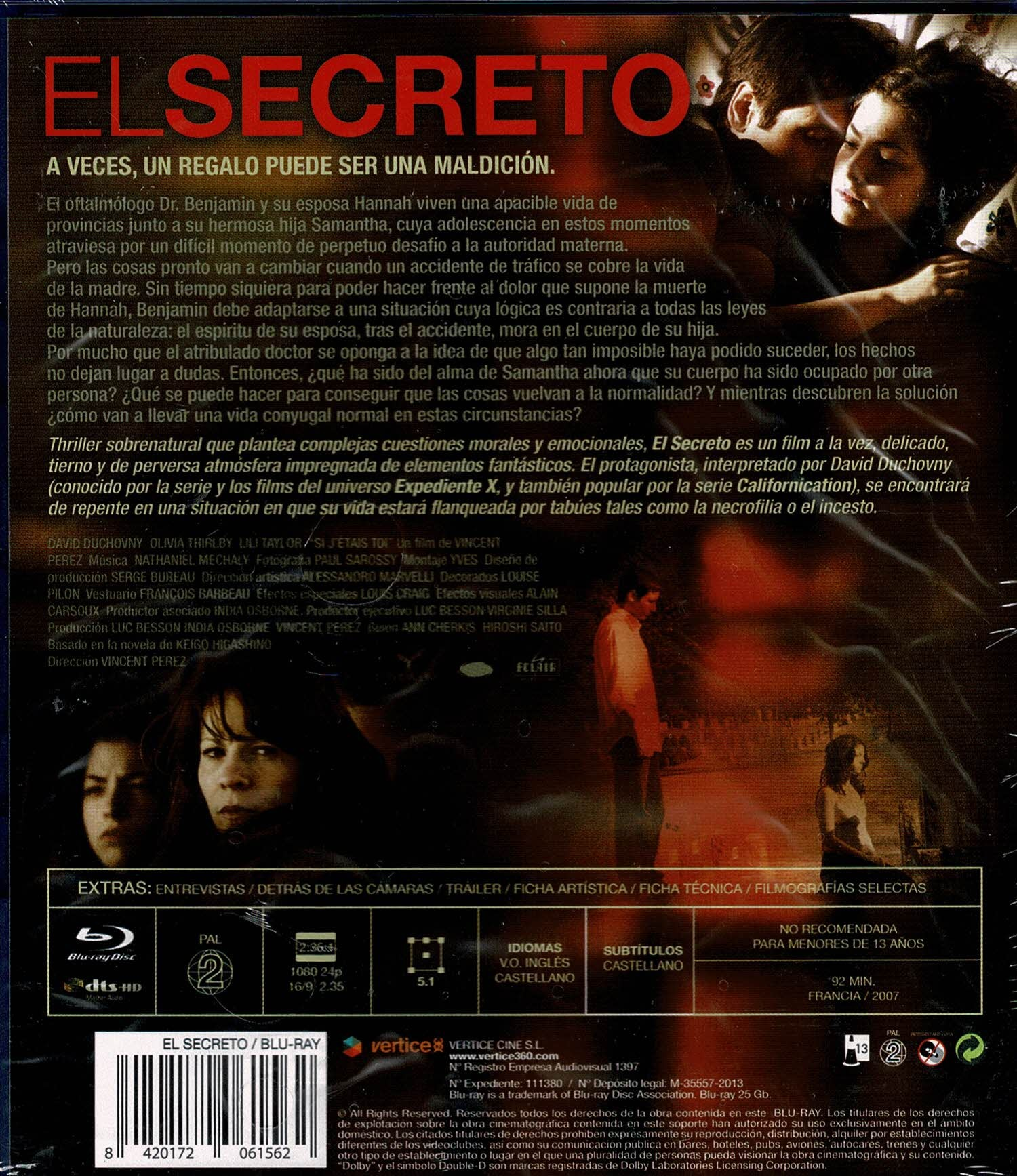 Contraportada de la película El Secreto con fotogramas, sinopsis y detalles técnicos.