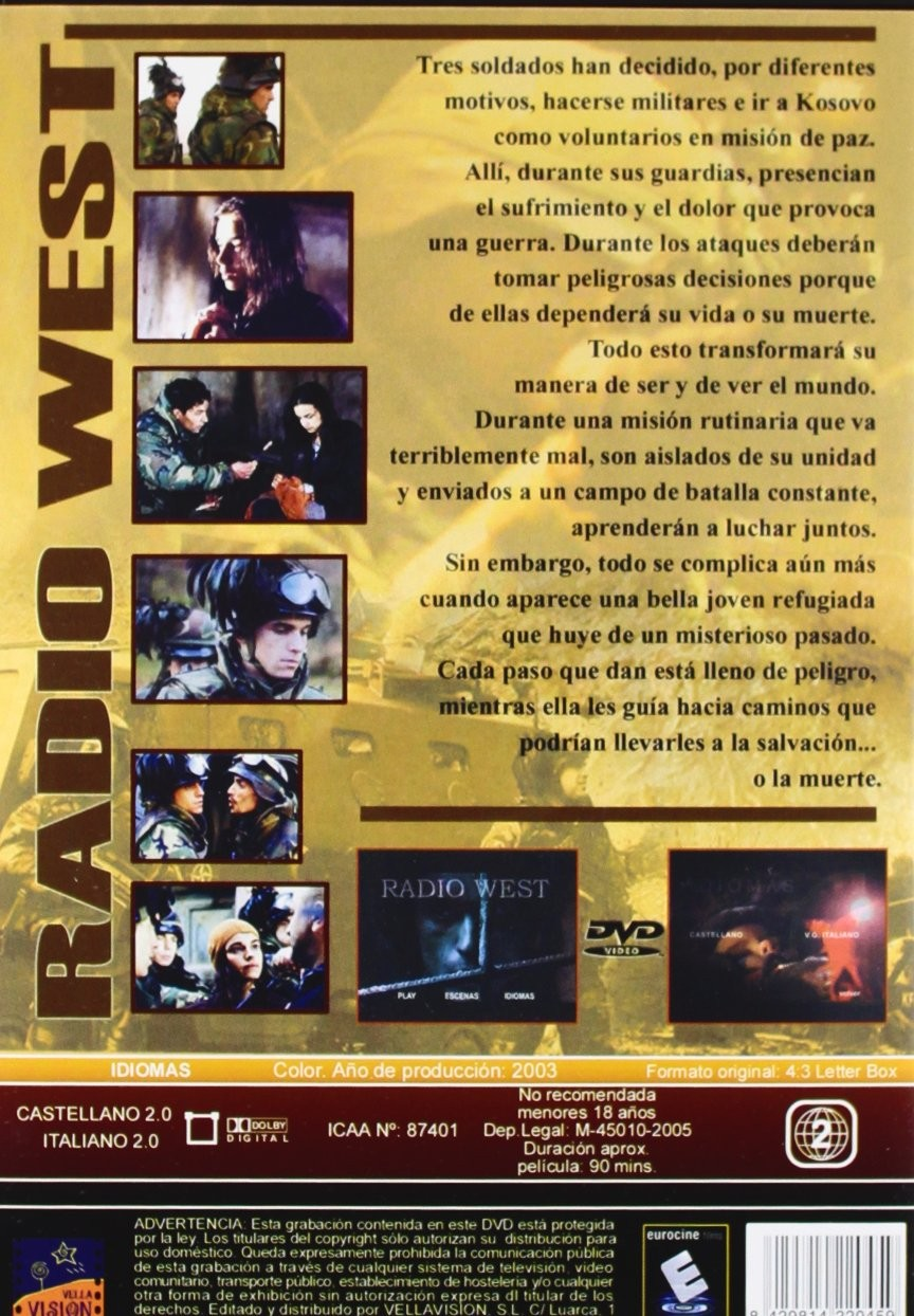 Caratula del DVD Radio West con escenas de la pelicula, sinopsis en espanol y el titulo a la izquierda.