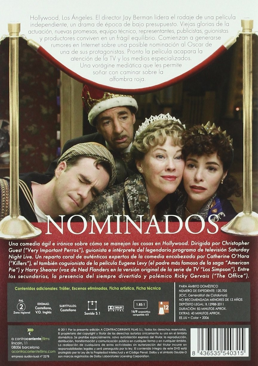 Contraportada del DVD de Nominados con cuatro actores disfrazados, texto y detalles técnicos.