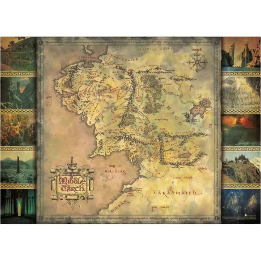 Detaillierte Fantasiekarte von Mittelerde mit Regionen, Bergen und malerischen Vignetten am Rand.