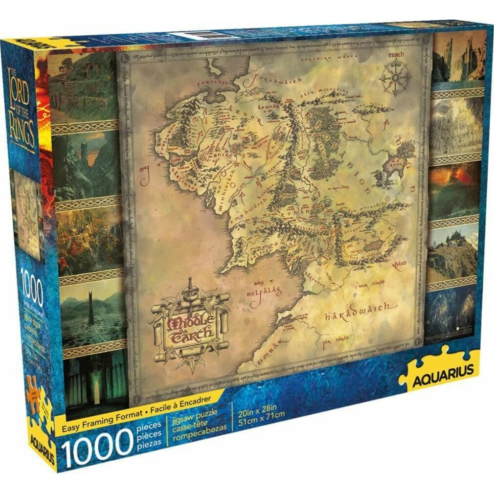 Eine Herr der Ringe 1000-Teile-Puzzlebox mit Mittelerde-Karte und Filmszenen.