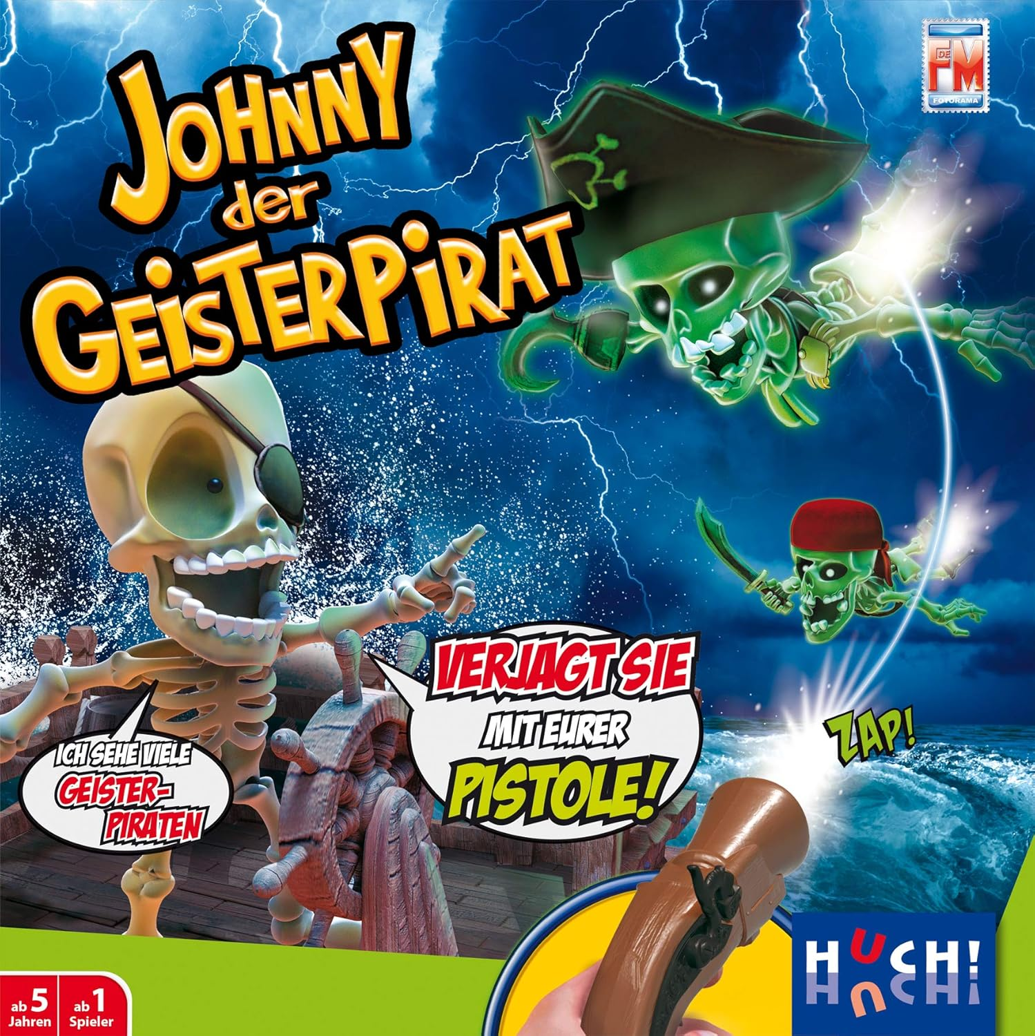 Brettspiel-Cover mit skelettierten Piraten, stürmischer See, Blitzen und einer Pistole für interaktiven Spielspaß.