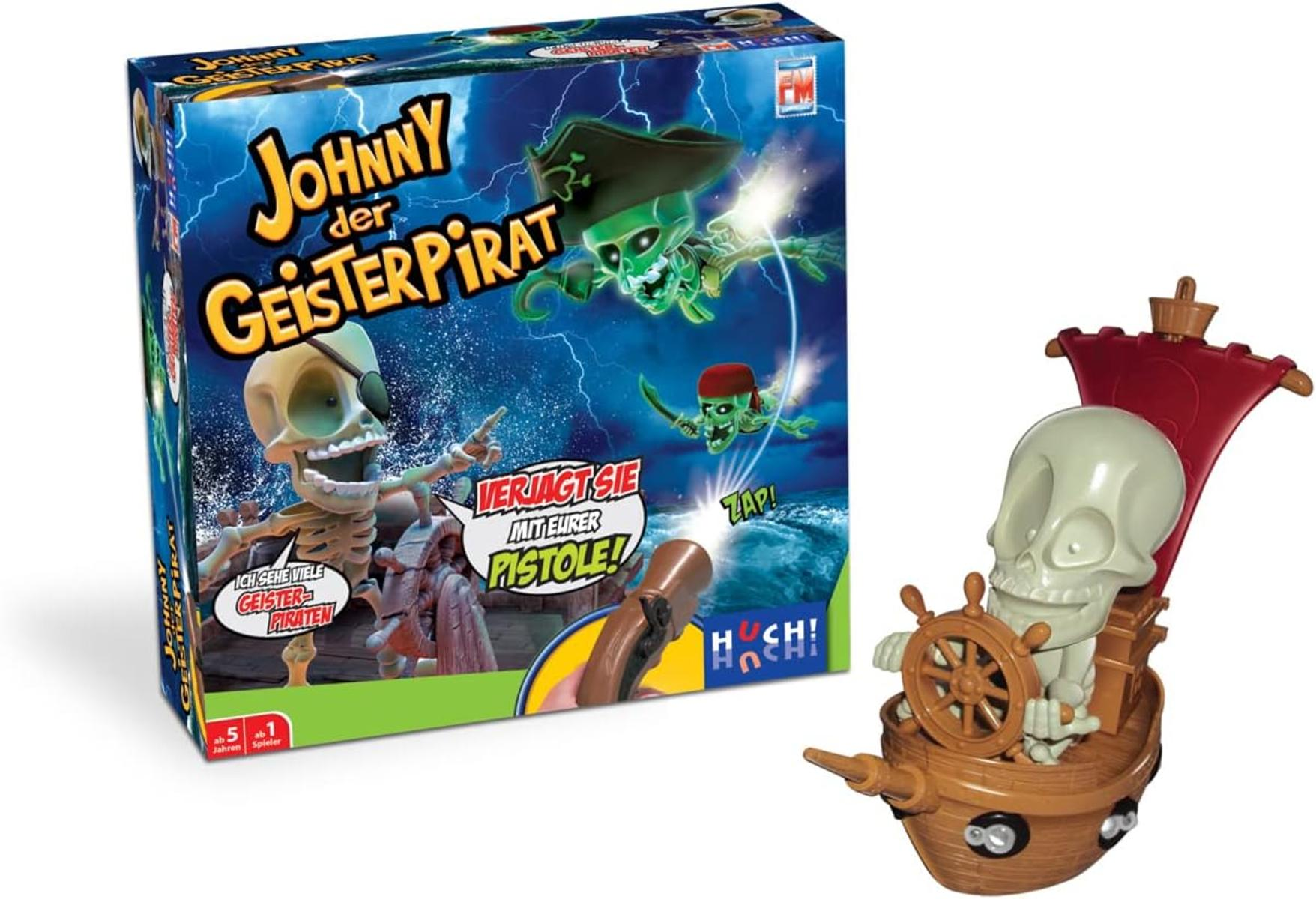 Brettspiel Johnny der Geisterpirat mit Box und einer skelettartigen Schiffsfigur mit Steuer.