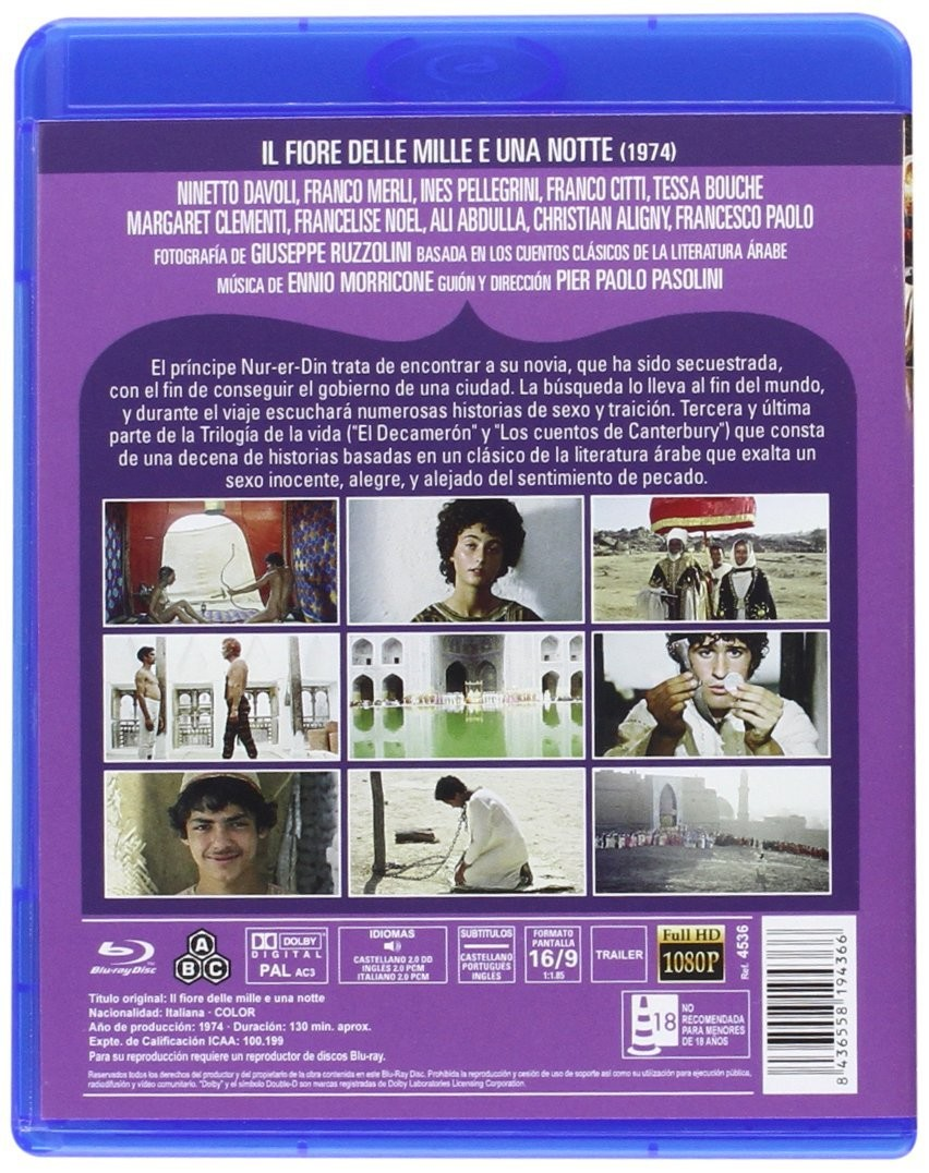 Contraportada de la caja de Blu-ray de la película Il fiore delle mille e una notte, con texto y fotogramas.