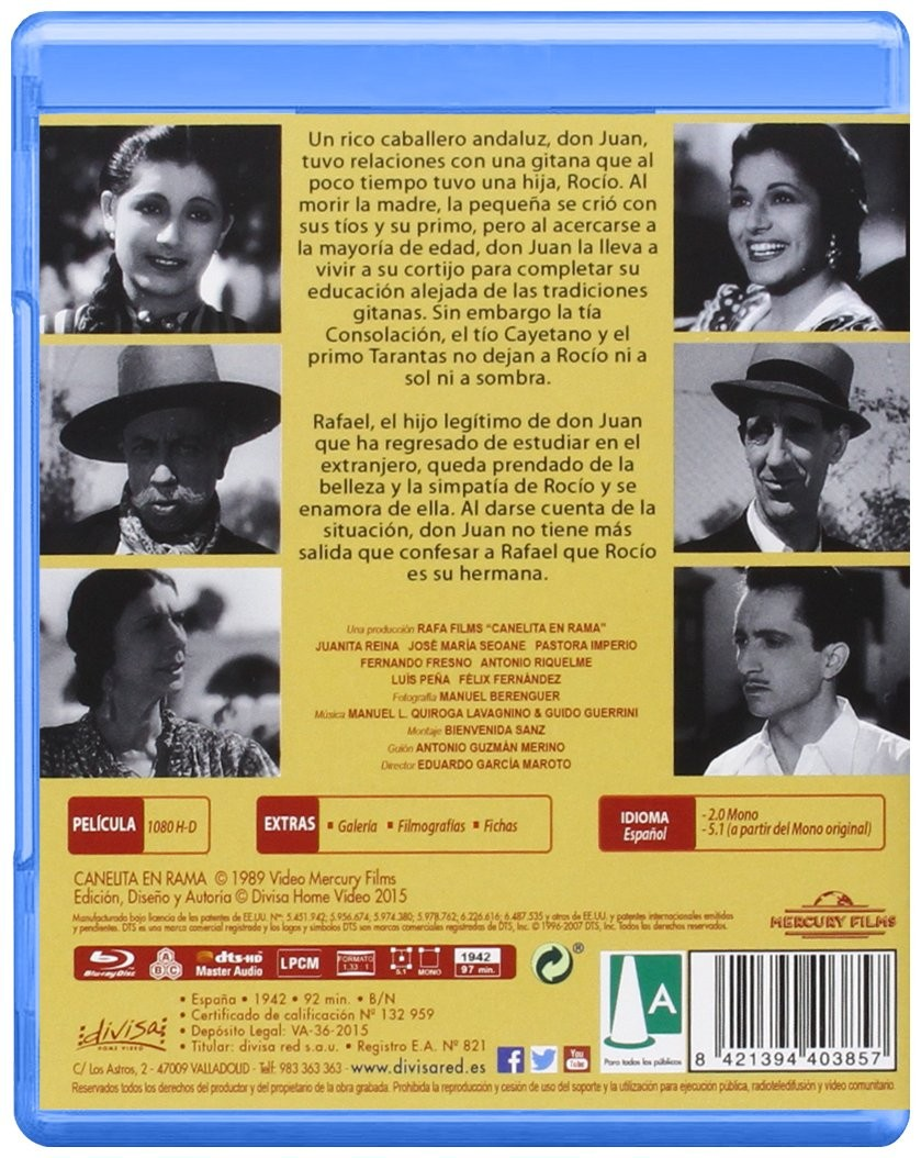 Contraportada de un Blu-ray de película española con fotos de personajes en blanco y negro.