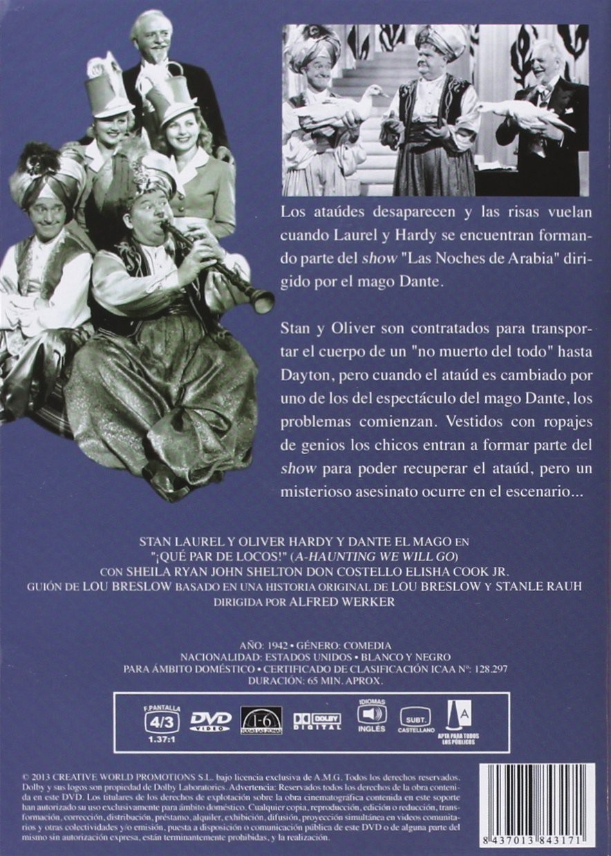 Contraportada de DVD con Laurel y Hardy en disfraces, fotos de escenas, texto y detalles técnicos.