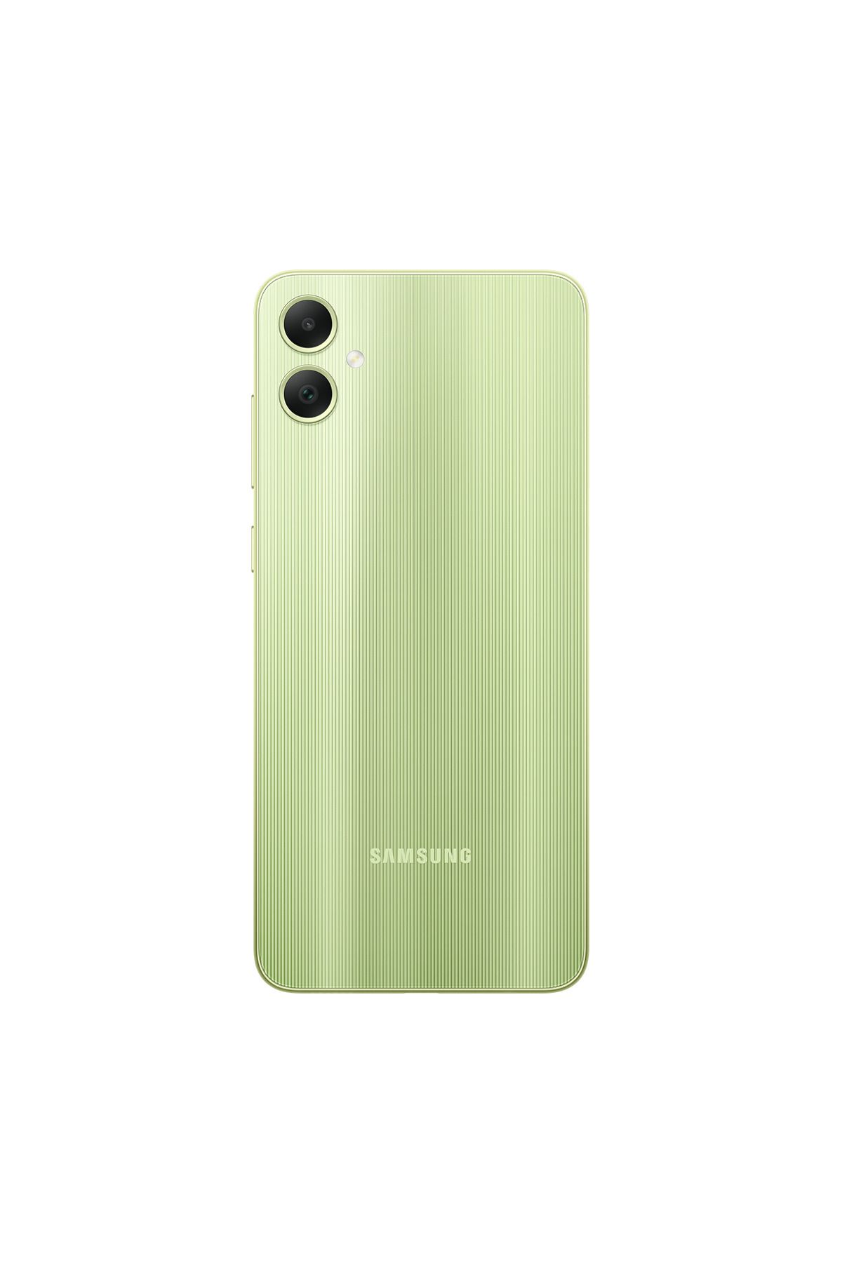 Dikey çizgileri, iki kamera lensi ve Samsung logosu olan açık yeşil bir Samsung akıllı telefonun arkası.