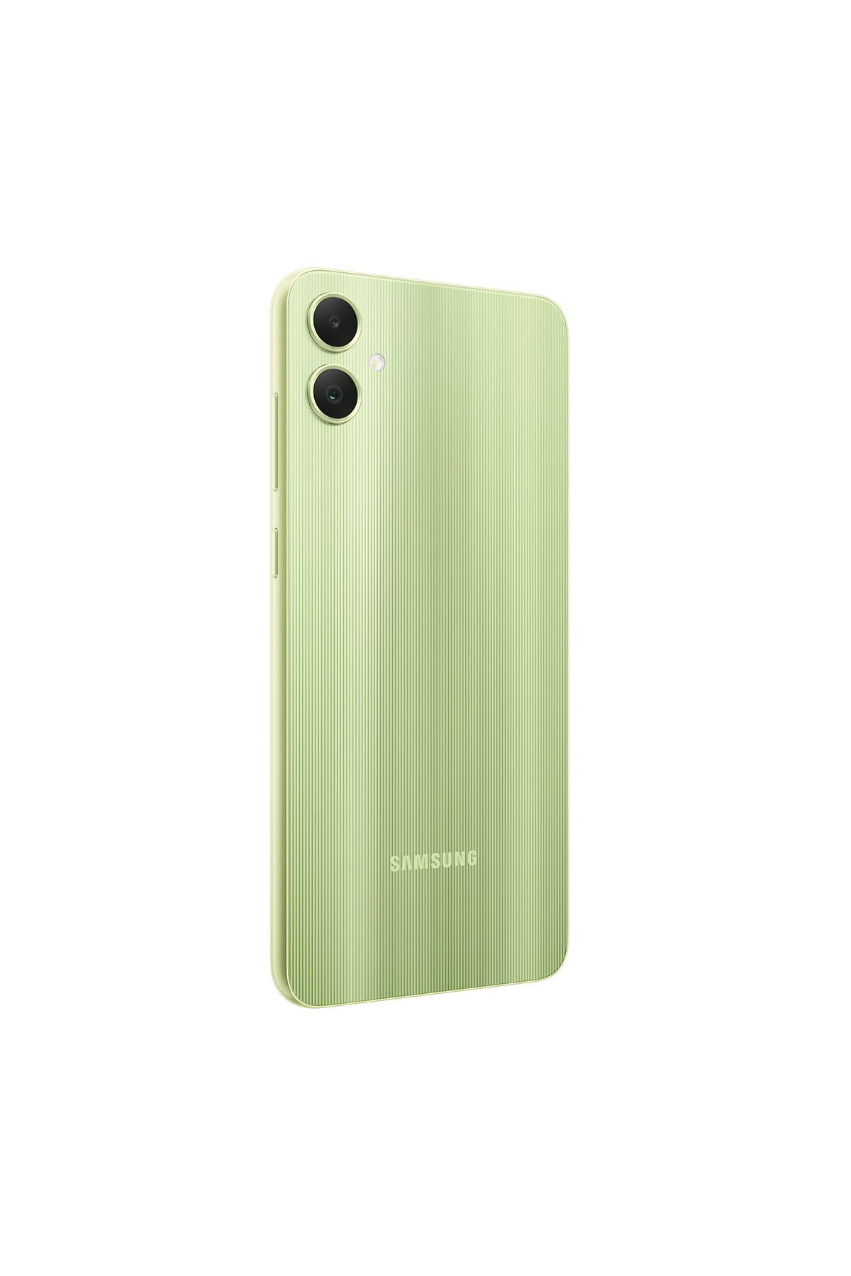 Arkadan görünen açık yeşil Samsung akıllı telefon, dikey çift kamera kurulumu ve dokulu kaplamaya sahip.