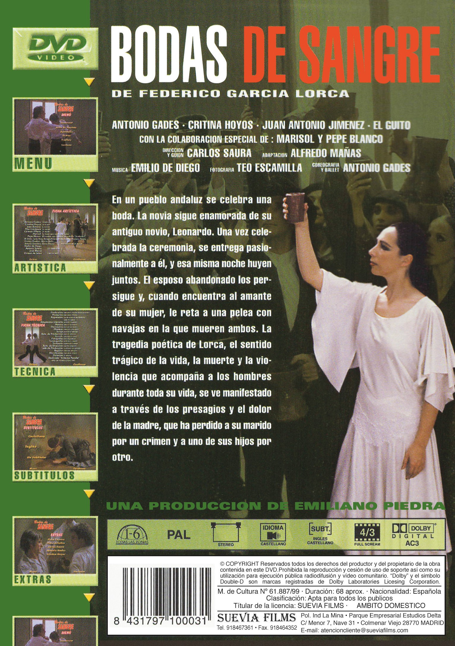 Carátula del DVD Bodas de Sangre con texto en español y una mujer con vestido blanco en la esquina inferior derecha.